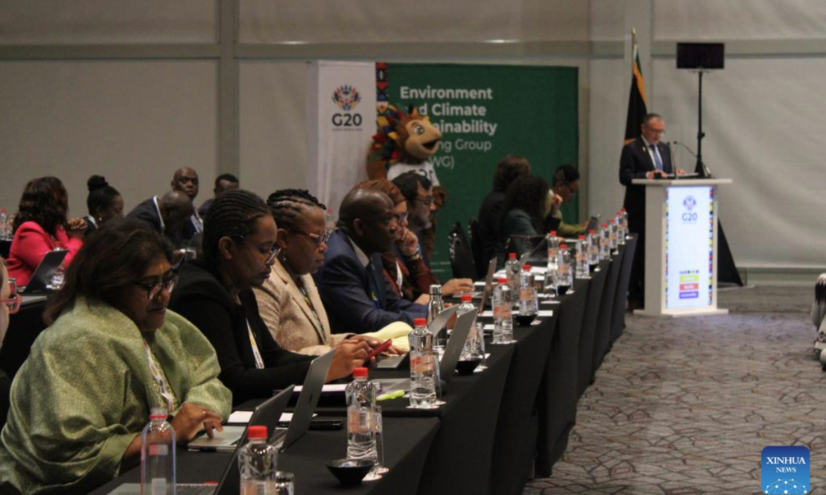 Delegates listen as South African Minister of Forestry, Fisheries and the Environment Dion George (at the podium) delivers the opening remarks at the G20 Environment and Climate Sustainability Working Group (ECSWG) meeting in Cape Town, South Africa, Oct. 13, 2025. (Photo by Shakirah Thebus/Xinhua)
