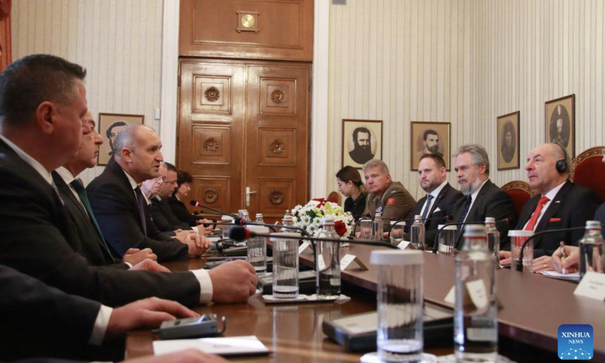 Bulgarian President Rumen Radev (3rd, L) meets with Hungarian President Tamas Sulyok (1st R) in Sofia, Bulgaria, Oct. 20, 2025. Bulgaria's President Rumen Radev and his visiting Hungarian counterpart, Tamas Sulyok, stressed the two countries' mutual reliance, particularly in energy cooperation, during their meeting on Monday. Sulyok arrived in Bulgaria on Sunday for a two-day official visit at Radev's invitation. His visit coincided with the celebration of the Bulgarian-Hungarian Friendship Day on Oct. 19. (Photo by Marian Draganov/Xinhua)