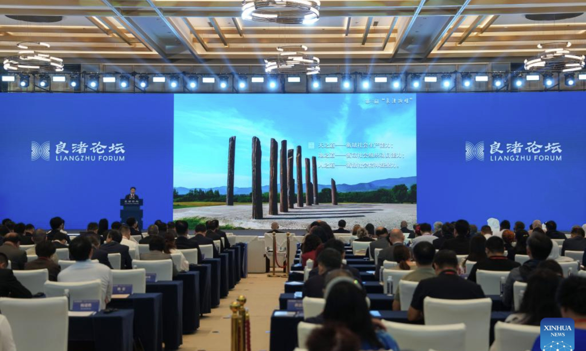 Sun Qingwei, president of Northwest University of China, delivers a keynote speech during the third Liangzhu Forum in Hangzhou, east China's Zhejiang Province, Oct. 18, 2025. Themed on Revitalization of Civilization: Cultural Heritage and Human Culture Diversity, the third Liangzhu Forum opened here on Saturday. (Xinhua/Huang Zongzhi)
