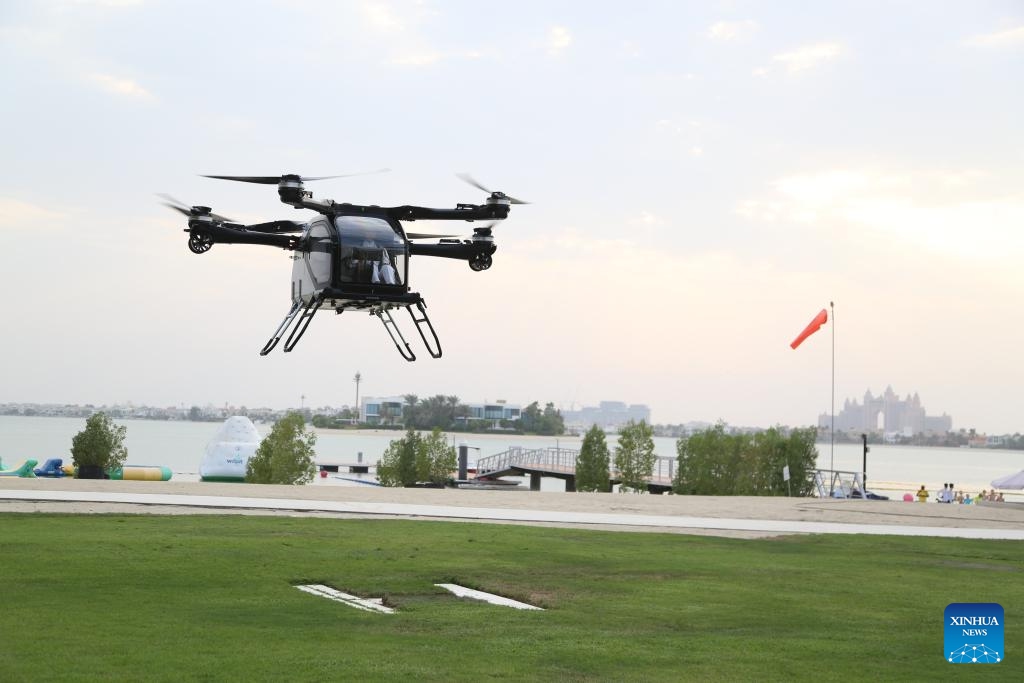 A flying car developed by Chinese company XPENG AEROHT is seen during a demo flight in Dubai, the United Arab Emirates, Oct. 12, 2025. A flying car developed by Chinese company XPENG AEROHT on Sunday took to the skies over Dubai, the United Arab Emirates (UAE), marking a significant step in the global reach of China's low-altitude aircraft technology. (Photo: Xinhua)