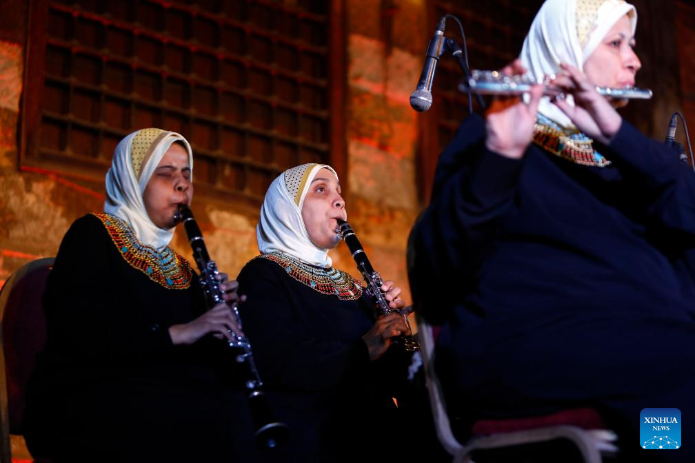 Blind female musicians from Egypt's Al Nour Wal Amal (Light and Hope) Chamber Orchestra perform at the Al-Ghouri Palace to mark the White Cane Safety Day in Cairo, Egypt, Oct. 15, 2025. The White Cane Safety Day is celebrated annually on Oct. 15 each year. (Xinhua/Ahmed Gomaa)