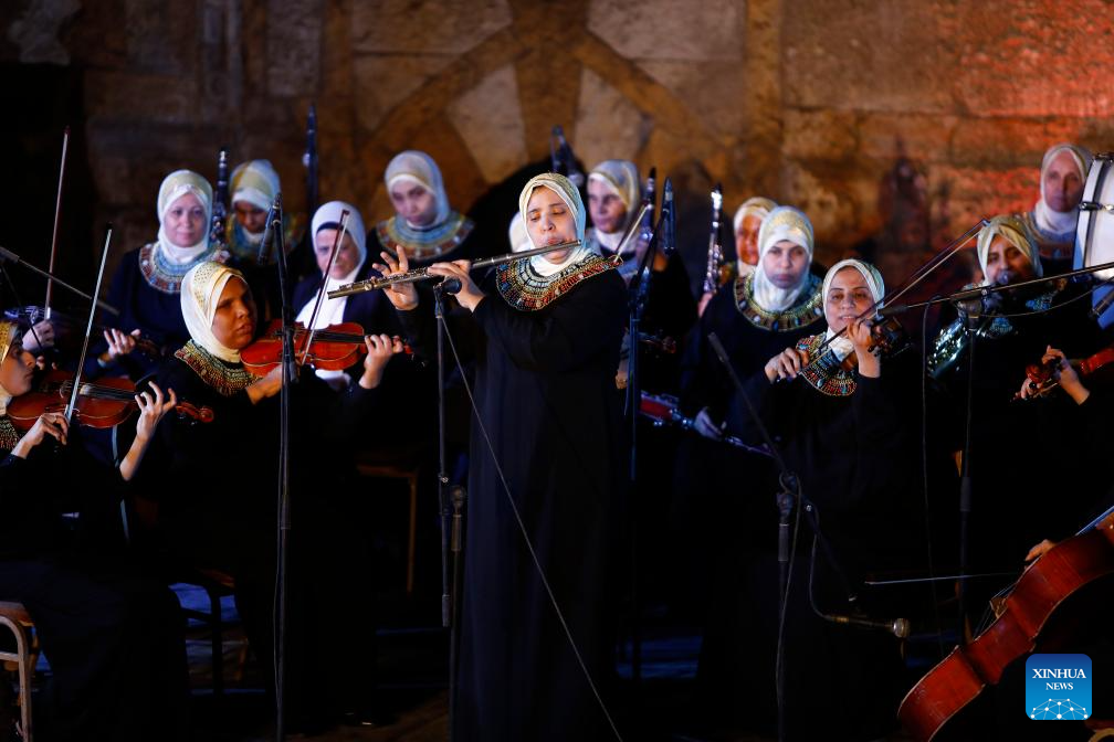 Blind female musicians from Egypt's Al Nour Wal Amal (Light and Hope) Chamber Orchestra perform at the Al-Ghouri Palace to mark the White Cane Safety Day in Cairo, Egypt, Oct. 15, 2025. The White Cane Safety Day is celebrated annually on Oct. 15 each year. (Xinhua/Ahmed Gomaa)