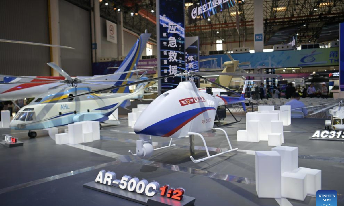 This photo taken on Oct. 14, 2025 shows helicopter models at the venue for the upcoming 7th China Helicopter Exposition in Tianjin, north China. The expo is scheduled to be held from Oct. 16 to 19 in Tianjin. (Xinhua/Sun Fanyue)