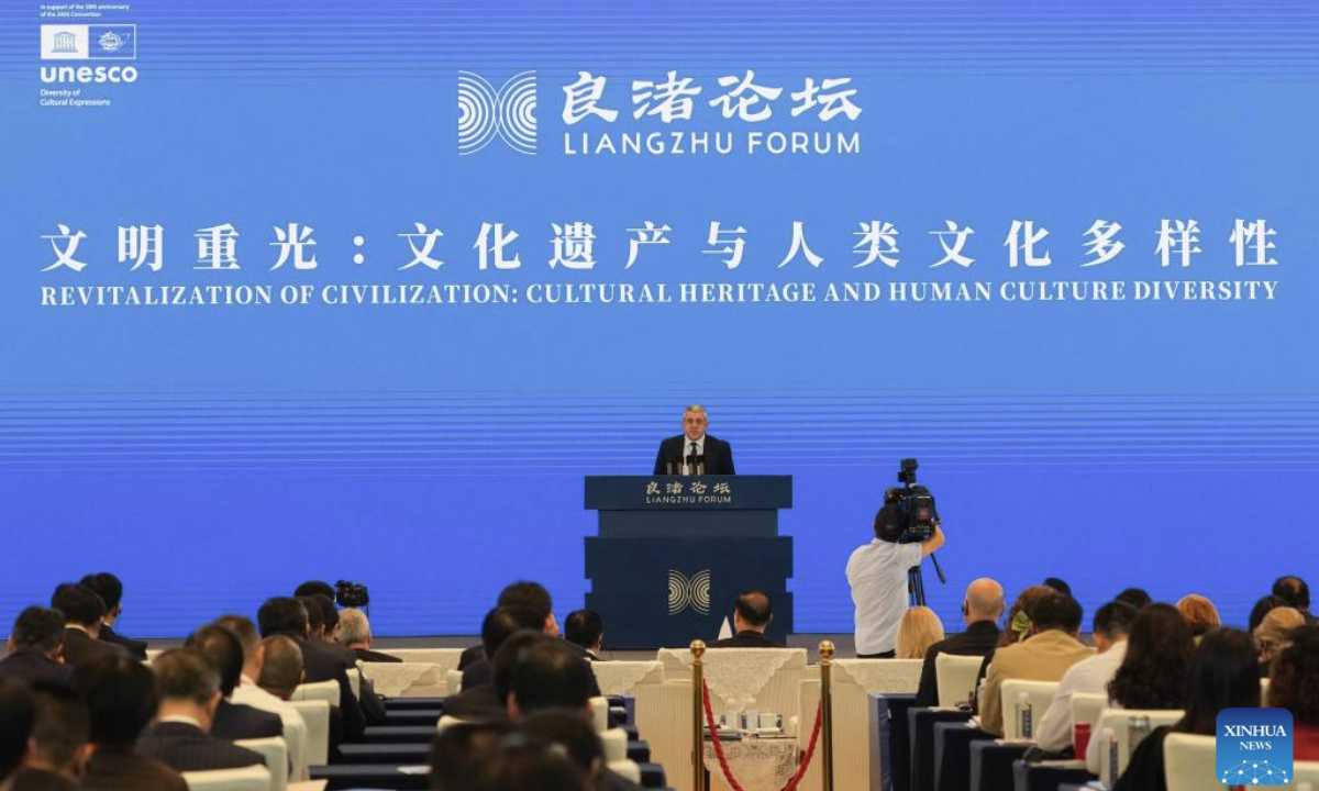 UN Tourism Secretary-General Zurab Pololikashvili addresses the opening ceremony of the third Liangzhu Forum in Hangzhou, east China's Zhejiang Province, Oct. 18, 2025. Themed on Revitalization of Civilization: Cultural Heritage and Human Culture Diversity, the third Liangzhu Forum opened here on Saturday. (Xinhua/Huang Zongzhi)
