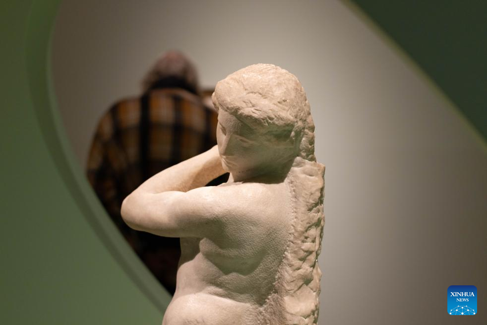 A sculpture by Michelangelo is seen during the media preview of the exhibition Michelangelo's Men at the Teylers Museum in Haarlem, the Netherlands, Oct. 13, 2025. The exhibition, which will be open to the public on Wednesday, showcases the works of Italian artist Michelangelo in celebration of his 550th birth anniversary. The exhibition will last until Jan. 25, 2026. (Photo by Sylvia Lederer/Xinhua)