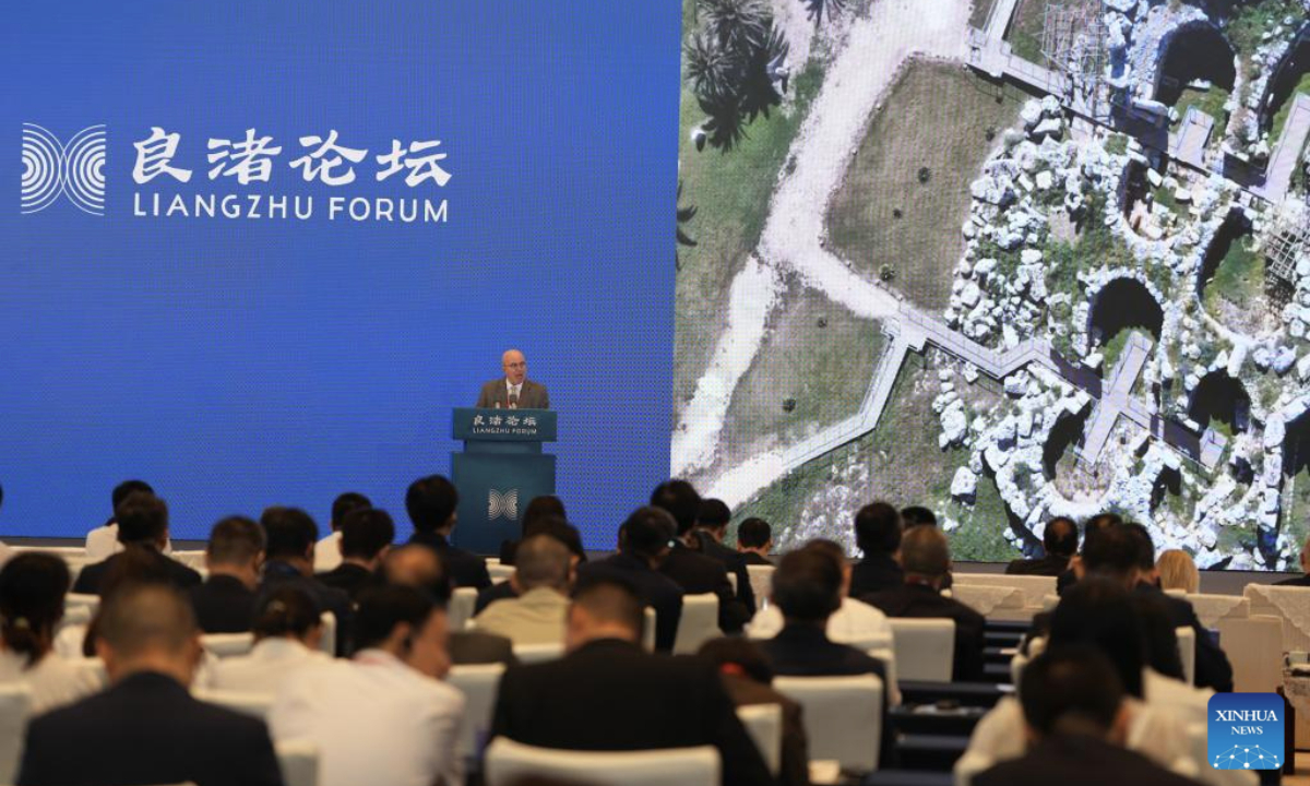 Heritage Malta Chairman Mario Cutajar delivers a keynote speech during the third Liangzhu Forum in Hangzhou, east China's Zhejiang Province, Oct. 18, 2025. Themed on Revitalization of Civilization: Cultural Heritage and Human Culture Diversity, the third Liangzhu Forum opened here on Saturday. (Xinhua/Huang Zongzhi)
