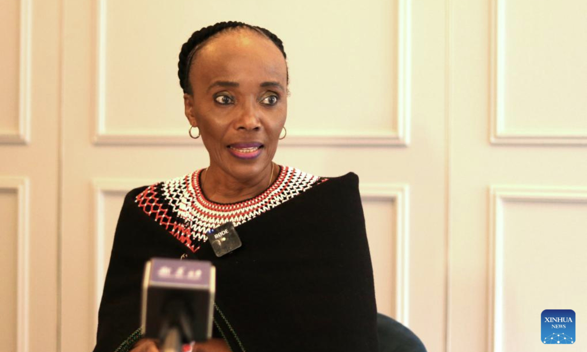 South African Minister in the Presidency for Women, Youth, and Persons with Disabilities Sindisiwe Chikunga speaks during an interview with Xinhua in Johannesburg, South Africa, Oct. 20, 2025. (Xinhua/Bai Ge)