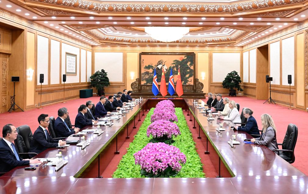 Chinese President Xi Jinping meets with President of Iceland Halla Tomasdottir, who is in Beijing for the Global Leaders' Meeting on Women, at the Great Hall of the People in Beijing, capital of China, Oct. 14, 2025. (Xinhua/Shen Hong)