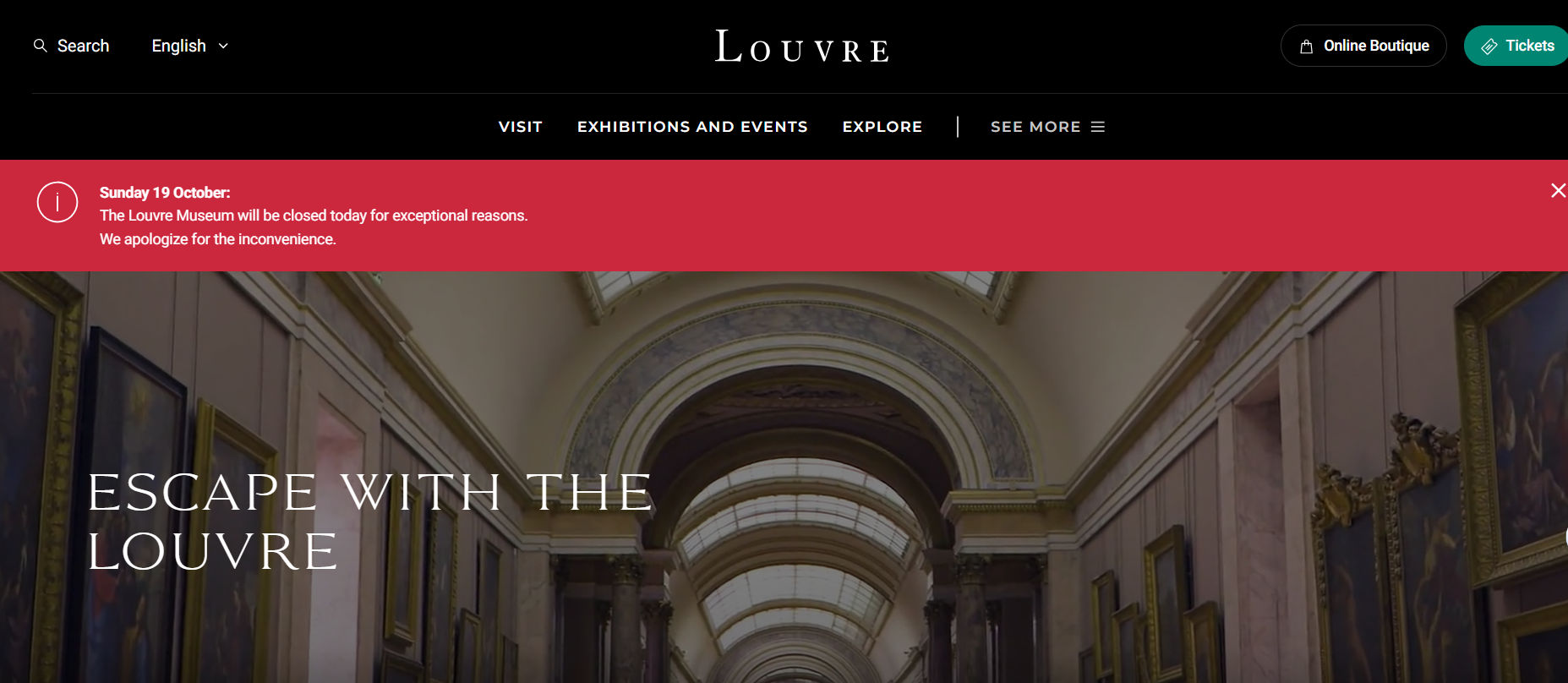 Screenshot of the official website of the Louvre on October 19, 2025, with a notice saying, “The Louvre Museum will be closed today for exceptional reasons. We apologize for the inconvenience.”