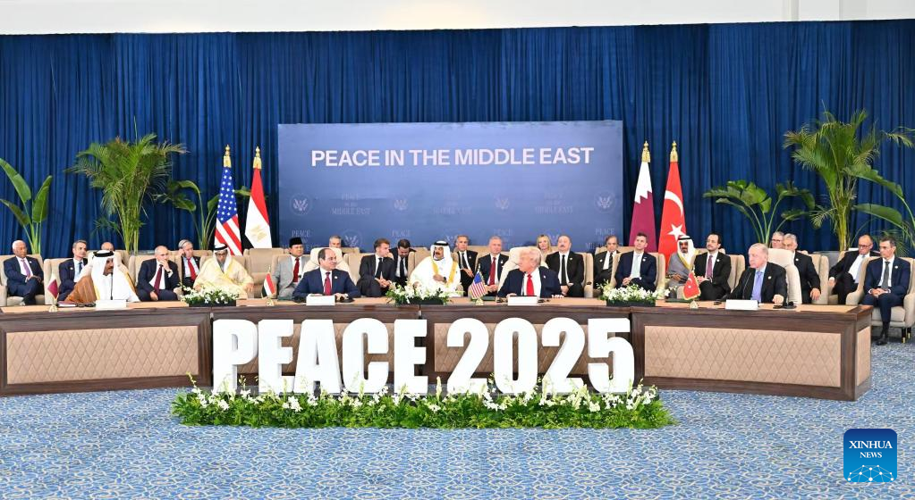 Egyptian President Abdel Fattah al-Sisi (2nd L, front), U.S. President Donald Trump (2nd R, front), Turkish President Recep Tayyip Erdogan (1st R, front), and the Emir of Qatar, Sheikh Tamim bin Hamad Al Thani (1st L, front) attend the signing of a document to support Gaza ceasefire deal during a summit on Gaza ceasefire held in Sharm el-Sheikh, Egypt, Oct. 13, 2025. A document to support the recently-reached Gaza ceasefire deal was signed here Monday by the deal's four mediators, though without the attendance of either Israel or Hamas. (Egyptian Presidency/Handout via Xinhua)