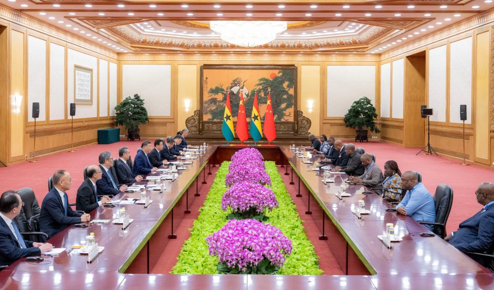 Chinese President Xi Jinping meets with Ghanaian President John Dramani Mahama, who is in Beijing for the Global Leaders' Meeting on Women, at the Great Hall of the People in Beijing, capital of China, Oct. 14, 2025. (Xinhua/Zhai Jianlan)