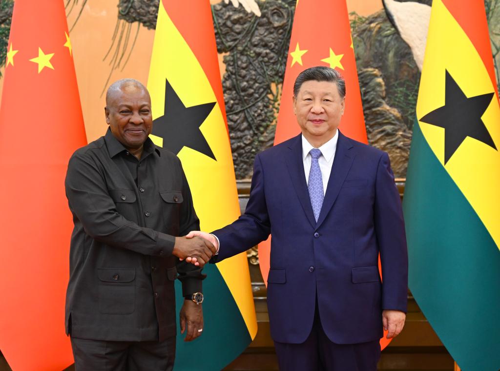 Chinese President Xi Jinping meets with Ghanaian President John Dramani Mahama, who is in Beijing for the Global Leaders' Meeting on Women, at the Great Hall of the People in Beijing, capital of China, Oct. 14, 2025. (Xinhua/Xie Huanchi)