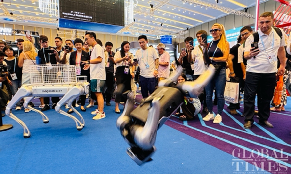 Buyers watch the performance of robotic dogs at service robots zone of the 138th Canton Fair in Guangzhou, South China's Guangdong Province, on October 16, 2025. Photo: Chi Jingyi/GT