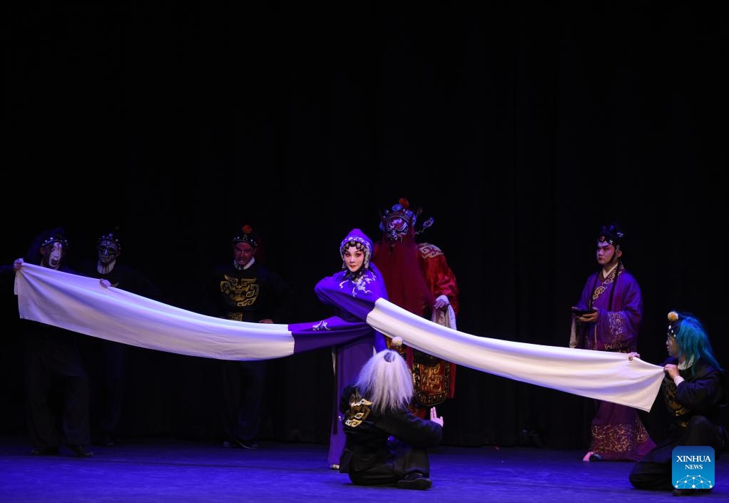Actors perform in a Qinqiang opera in Eisenstadt, Austria, Oct. 16, 2025. As a part of the ongoing 2025 Chinese opera season, a Qinqiang Opera performance, a genre of traditional Chinese folk opera popular in northwest China, was put on in Eisenstadt, Austria on Thursday. (Xinhua/He Canling)