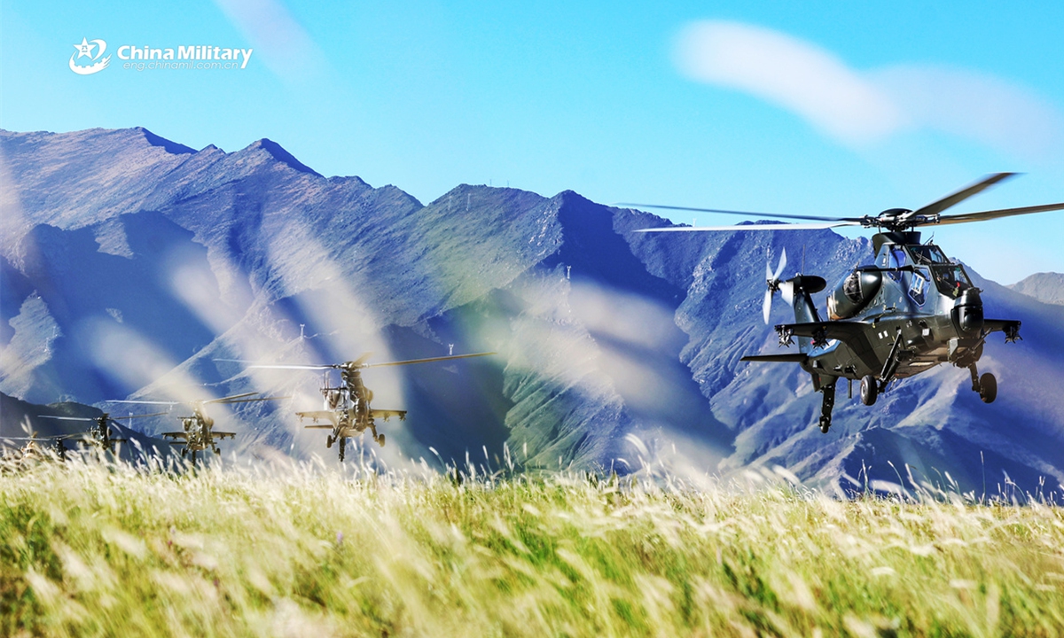 A group of Z-10 attack helicopters attached to a brigade under the Chinese PLA Xizang Military Command lift off successively during a flight training exercise on October 3, 2025. Z-10 attack helicopter is China's first self-developed dedicated attack helicopter, possessing robust capabilities in ground attack and air-to-air combat against other helicopters. (eng.chinamil.com.cn/Photo by Hu Qiwu)