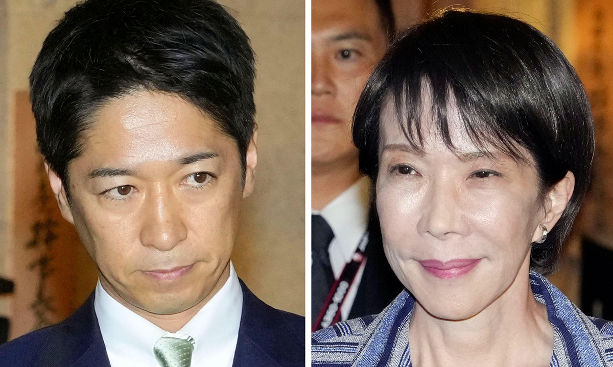 Combined photo shows Japan's ruling Liberal Democratic Party President Sanae Takaichi (R) and the opposition Japan Innovation Party co-leader Fumitake Fujita heading to their meeting in Tokyo on Oct. 17, 2025, ahead of an upcoming parliamentary vote to choose the next prime minister. (Photo by Kyodo News via Getty Images)
