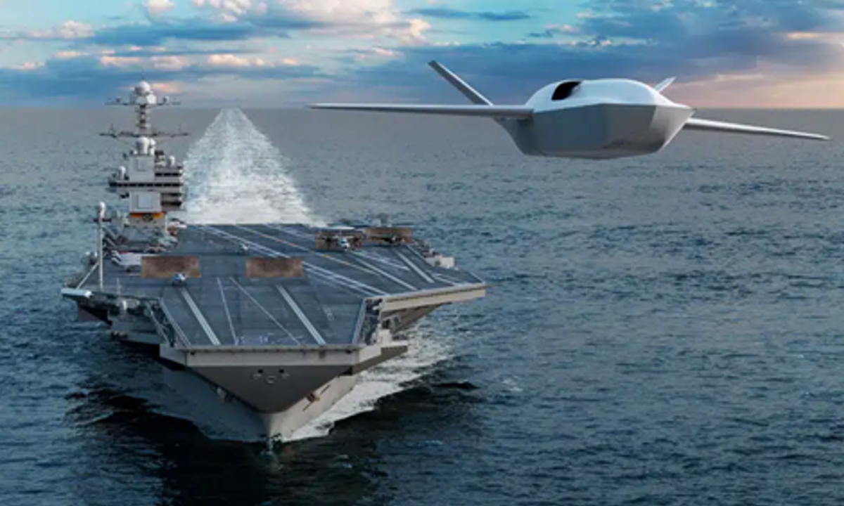 A computer-generated illustration shows a Collaborative Combat Aircraft launches from a US Ford-class aircraft carrier. Photo: Screenshot from Naval News