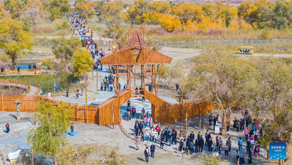 A drone photo taken on Oct. 18, 2025 shows tourists visiting a scenic spot in Yuli County, Mongolian Autonomous Prefecture of Bayingolin, northwest China's Xinjiang Uygur Autonomous Region. The populus euphratica forests and the Tarim River present a breathtaking autumn scene in the desert, attracting many tourists to Xinjiang. (Photo: Xinhua)
