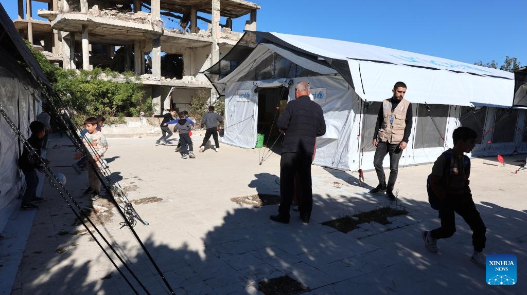 Children play at a temporary learning center in Salma, Latakia province, Syria, Oct. 13, 2025. (Photo: Xinhua)