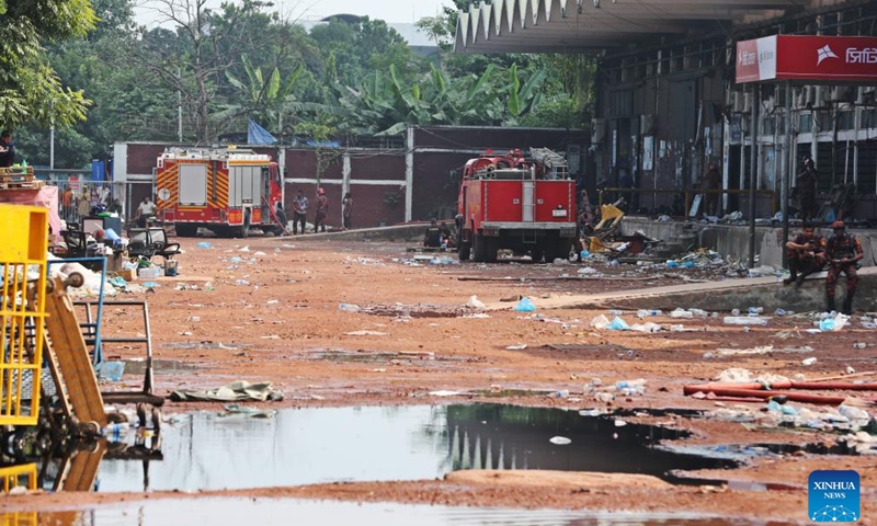 This photo taken on Oct. 19, 2025 shows the cargo village of Hazrat Shahjalal International Airport after a fire in Dhaka, Bangladesh. The devastating fire at the cargo village of Hazrat Shahjalal International Airport led to around 21 flights being either diverted or cancelled, according to Sheikh Bashir Uddin, adviser to the Bangladeshi Ministry of Civil Aviation and Tourism. The adviser said that the airport had successfully met its goal of resuming operations by 9 p.m. local time on Saturday night after the fire erupted at around 2:15 p.m. local time on Saturday. (Photo: Xinhua)
