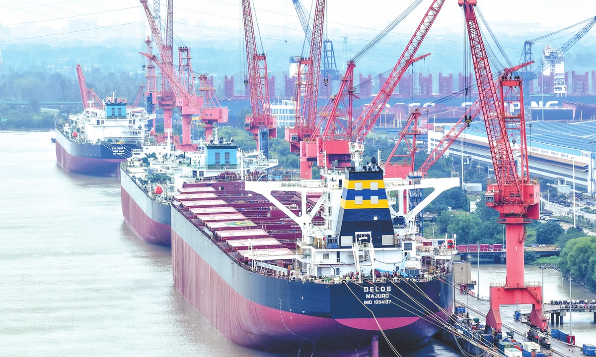 Vessels are under construction at a shipyard in Yangzhou, East China's Jiangsu Province, on October 21, 2025. In the first nine months, China's shipbuilding completions, new orders, and order backlogs accounted for 53.8 percent, 67.3 percent, and 65.2 percent of the global total in terms of deadweight tonnage, remaining the world leader. Photo: VCG