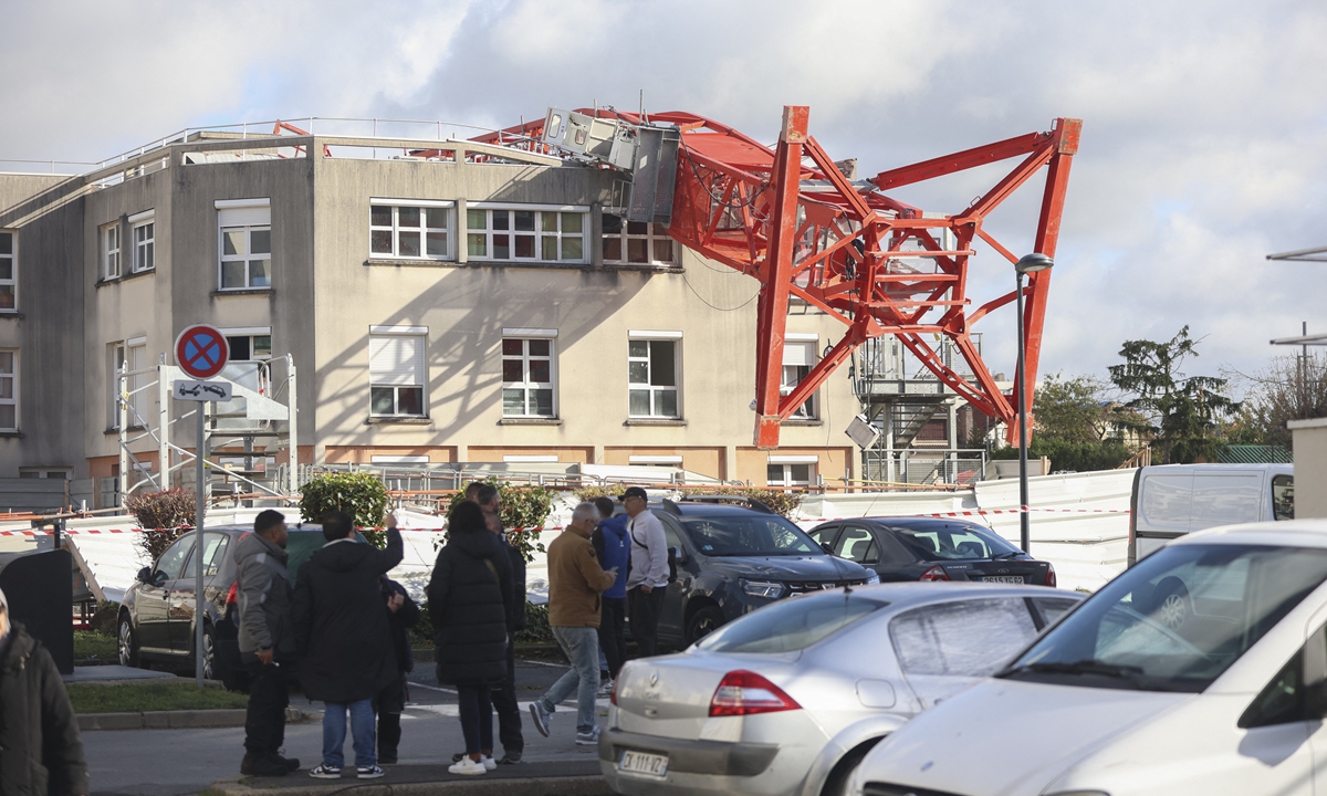 The photo shows the damage caused by a tornado on October 21, 2025 that struck Ermont, Val-d'Oise, in France, leaving one person dead and four others critically injured, with cranes collapsed and roofs torn off, according to local authorities. Photo: VCG