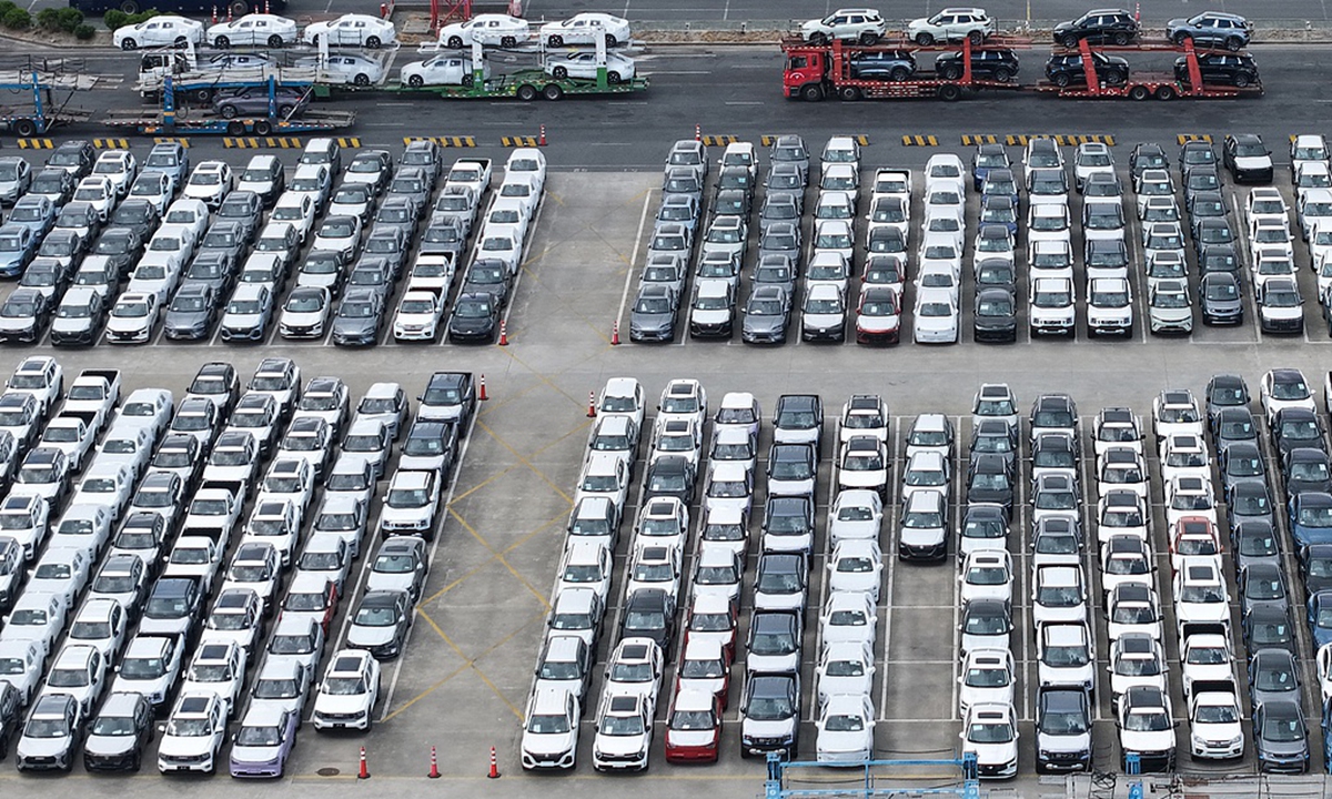 A large number of new-energy vehicles wait for export at a terminal of Shanghai Port on October 14, 2025. Photo: VCG