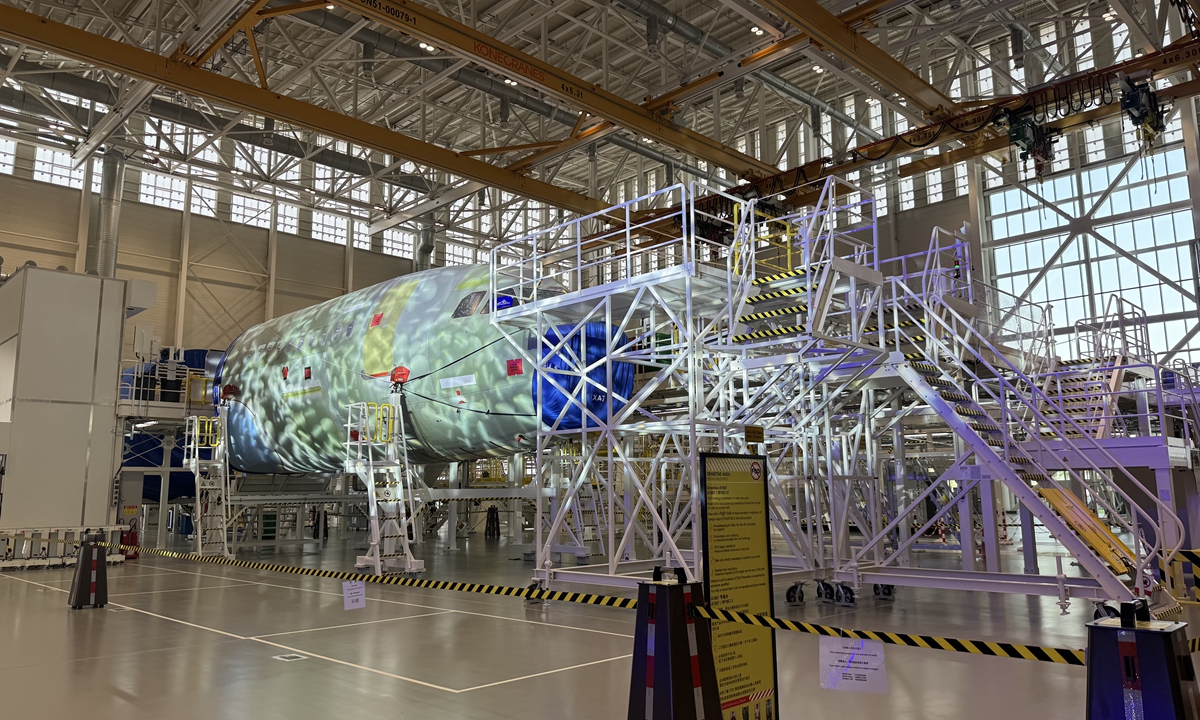 This photo shows Airbus' second Final Assembly Line (FAL) for A320 family aircraft in Tianjin, North China, Oct. 22, 2025. Photo: Tu Lei/GT