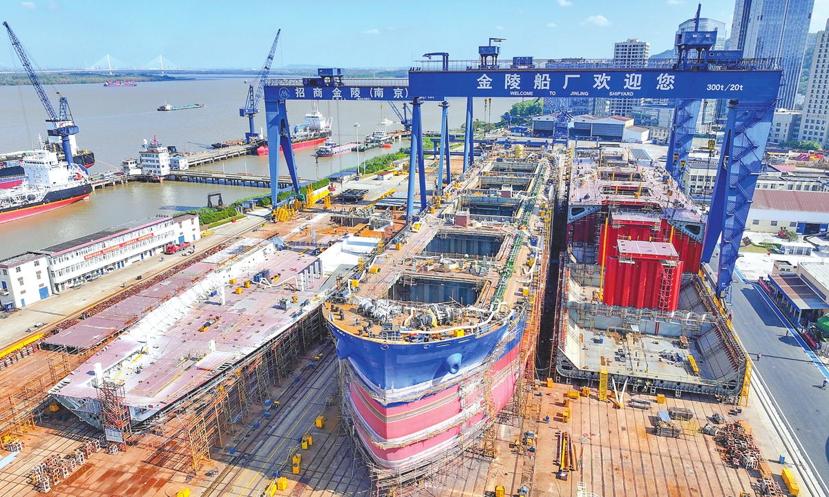 A vessel is under construction at China Merchants Jinling Shipyard (Nanjing) Co in Nanjing, East China's Jiangsu Province, on October 22, 2025. Workers at the shipyard are racing to complete orders and meet annual production targets in the fourth quarter. Photo: VCG
