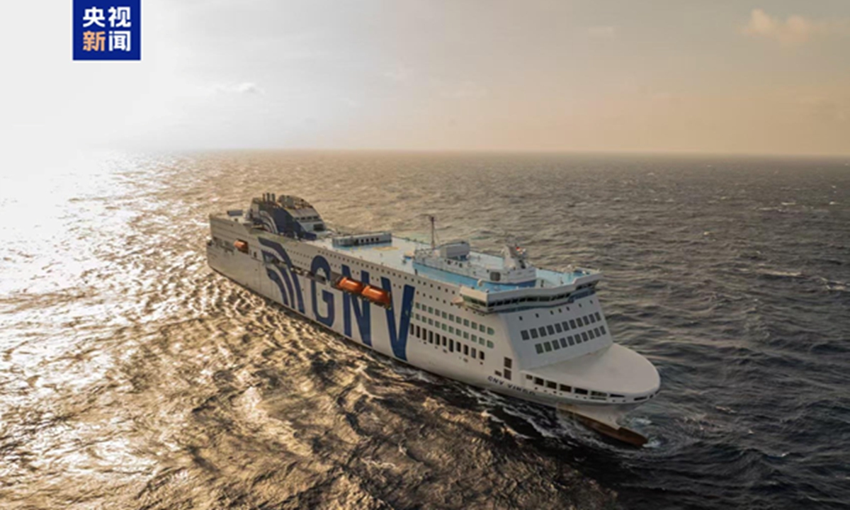 China's first self-developed large dual-fuel RoPax ship for export, built by Guangzhou Shipyard, is delivered in Nansha, South China's Guangzhou Province on October 23, 2025. Photo: screenshot of China Media Group's report