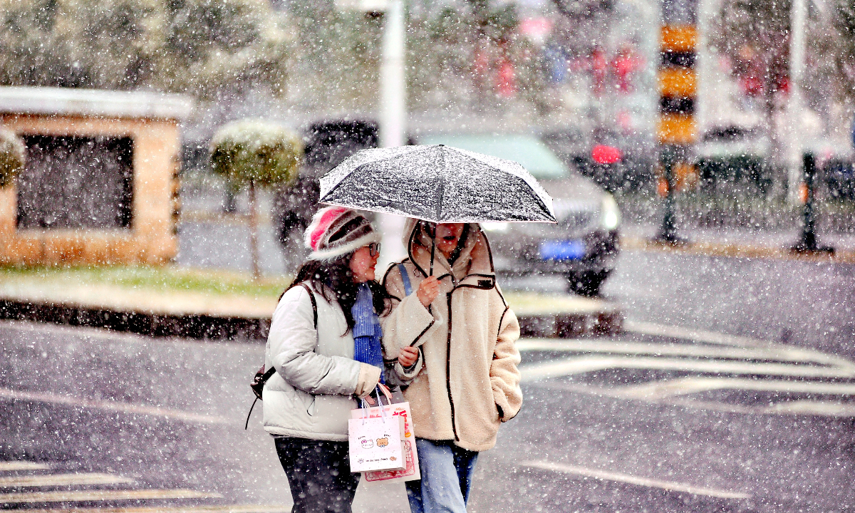 People brave the autumn snow under umbrellas in Harbin, Northeast China's Heilongjiang Province on October 19, 2025. Photo: IC