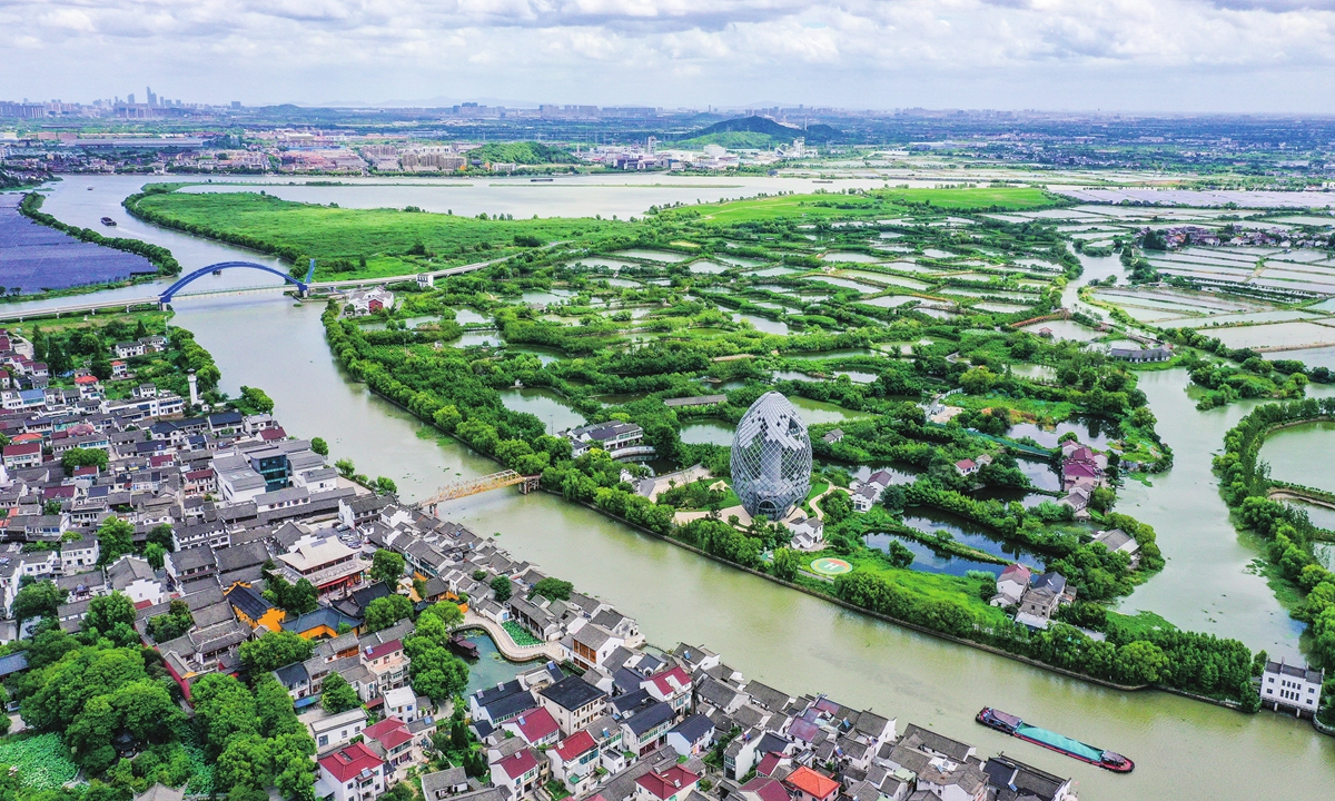 An aerial view of Digang village in Huzhou, East China's Zhejiang Province, where the Grand Canal passes through an agricultural heritage site of mulberry dykes and fishponds, on July 21, 2025. Photo: VCG