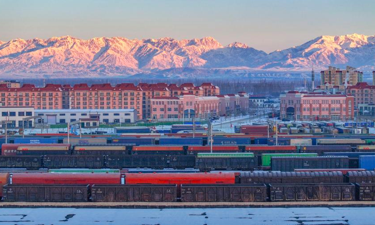 An aerial drone photo taken on Dec. 25, 2024 shows a view of the standard-gage yard of Horgos railway port in Horgos, northwest China's Xinjiang Uygur Autonomous Region. (Xinhua/Chen Shuo)