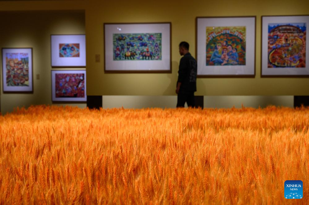 A man visits the Colorful Brushstrokes upon the Earth: the 2025 Chinese Farmers' Paintings Exhibition at the National Museum of China in Beijing, capital of China, Oct. 28, 2025. The exhibition opened here on Tuesday. (Xinhua/Jin Liangkuai)