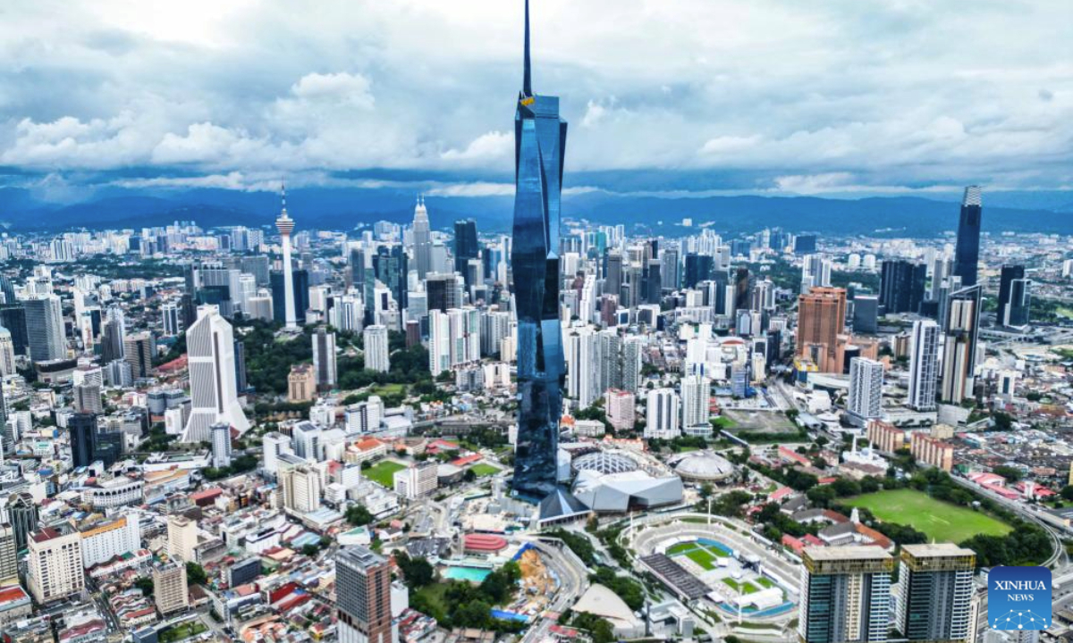 An aerial drone photo taken on Oct. 24, 2025 shows Merdeka 118, the venue for the China-U.S. economic and trade talks, in Kuala Lumpur, Malaysia. The Chinese and U.S. delegations convened on Saturday morning for talks on economic and trade issues. (Xinhua/Cheng Yiheng)