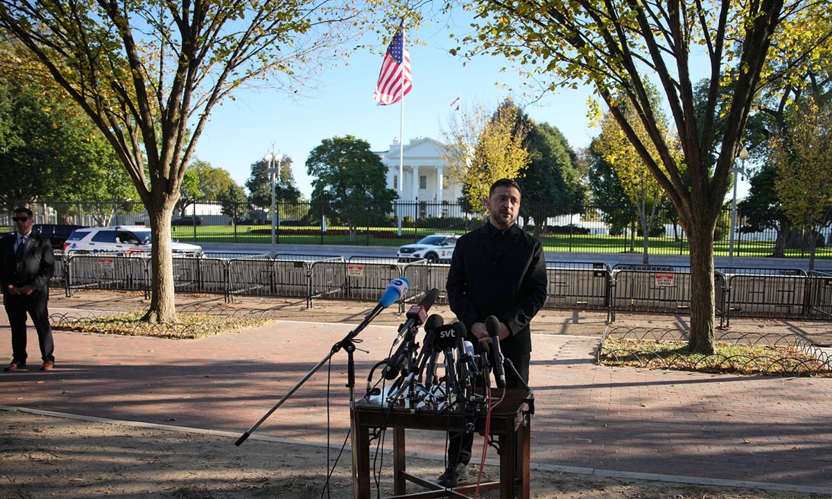 Ukraine's President Volodymyr Zelensky speaks to reporters in Lafayette Park across the street from the White House, following a meeting with US President Donald Trump on October 17, 2025, in Washington. Photo: VCG 