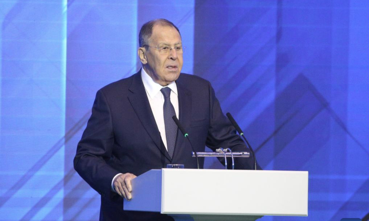 Russian Foreign Minister Sergei Lavrov speaks during the opening ceremony of the 3rd Minsk International Conference on Eurasian Security in Minsk, Belarus, Oct. 28, 2025. During his speech at the 3rd Minsk International Conference on Eurasian Security, Lavrov blamed Western nations for undermining arms control agreements and continuing the North Atlantic Treaty Organization's (NATO's) eastward expansion despite earlier promises to the contrary. (Photo by Henadz Zhinkov/Xinhua)