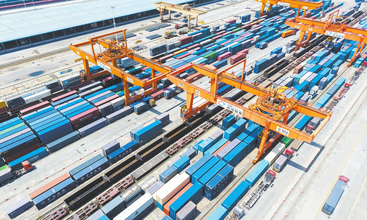 Containers are piled up at the railway port in Shapingba district, Southwest China's Chongqing Municipality, on April 17, 2025. Photo: VCG