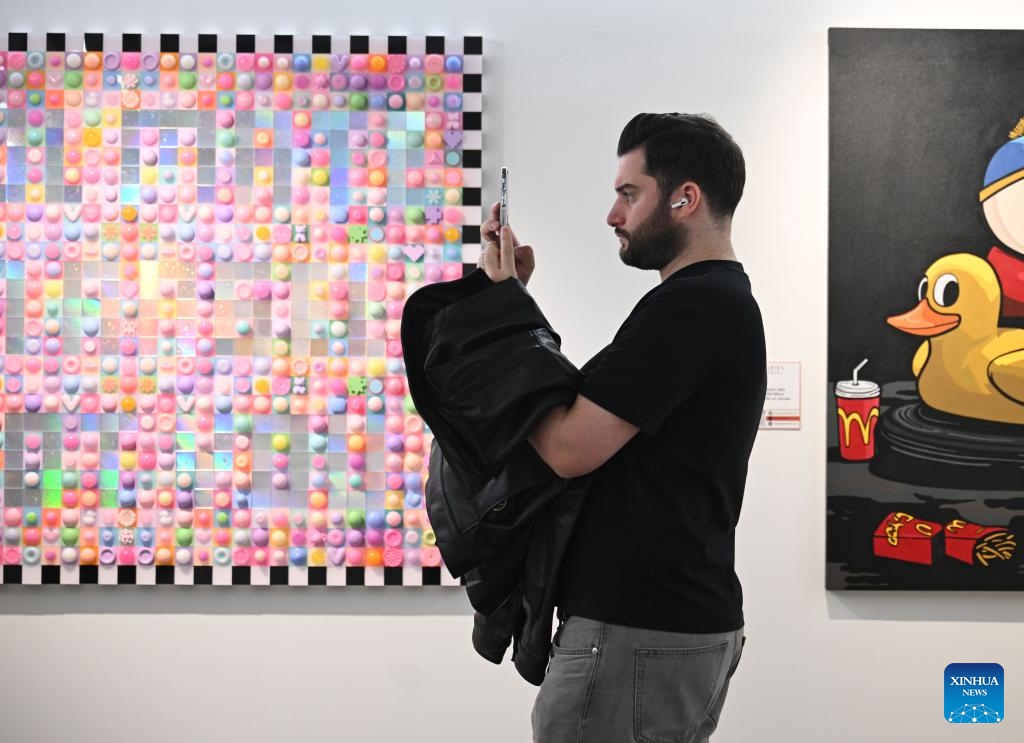 A visitor takes photos of an artwork at the 12th Artweeks Istanbul in Istanbul, Türkiye, Oct. 25, 2025. The 12th edition of Artweeks Istanbul was held in Türkiye's largest city Istanbul from Oct. 15 to 26. Hundreds of artworks were on display to the public for free, attracting many visitors to enjoy the event. (Photo: Xinhua)