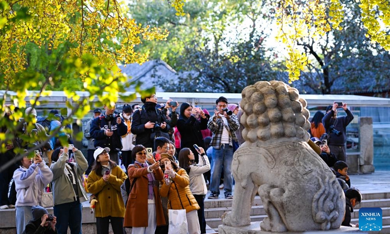Tourists take photos at the Beijing Stone Carving Art Museum in Beijing, capital of China, Oct. 26, 2025. At this time when autumn enters into winter, the Beijing Stone Carving Art Museum is adorned with yellowing ginkgo leaves, attracting numerous visitors. (Photo: Xinhua)