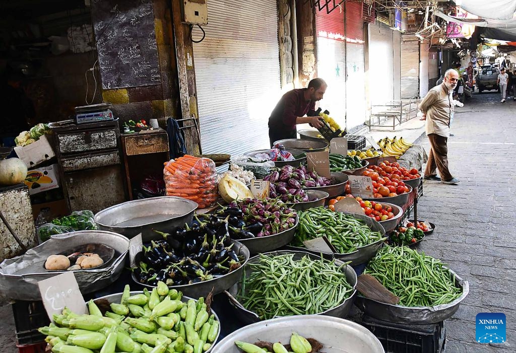 Vendors arrange fresh vegetables and fruits at a market in Damascus, Syria, Oct. 27, 2025. (Photo: Xinhua)