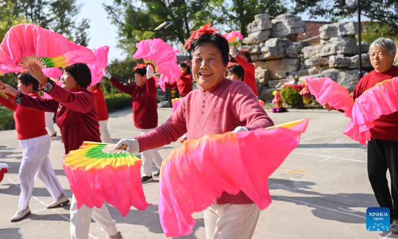 Senior citizens perform yangge dance at Gaoliu Town in Qingzhou City of east China's Shandong Province, Oct. 27, 2025. A series of celebration activities were held across the country to mark China's Chongyang Festival, which will fall on Oct. 29 this year. Also known as Seniors' Day in China nowadays, it highlights the public's care for older people. (Photo: Xinhua)