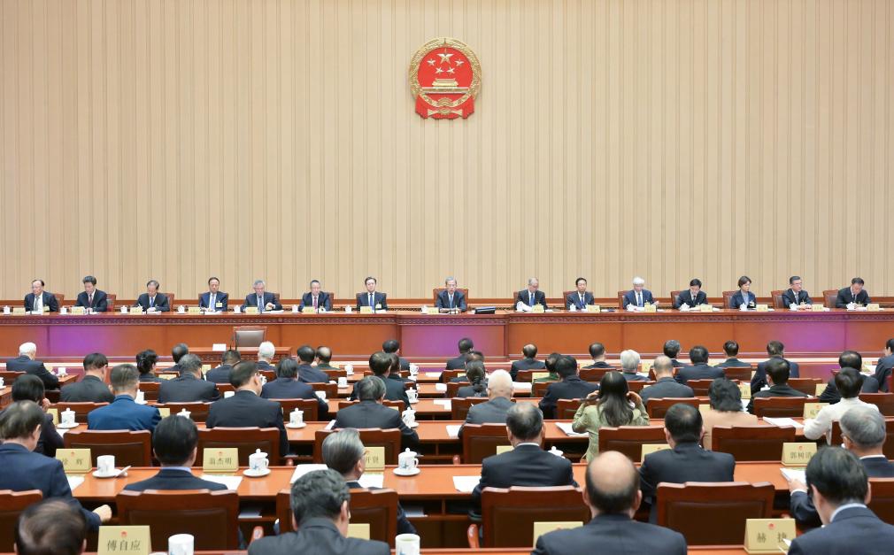 Zhao Leji, chairman of the National People's Congress (NPC) Standing Committee, presides over the closing meeting of the 18th session of the 14th NPC Standing Committee at the Great Hall of the People in Beijing, capital of China, Oct. 28, 2025. (Xinhua/Gao Jie)