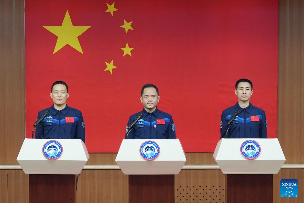 Chinese astronauts Zhang Lu (C), Wu Fei (R) and Zhang Hongzhang for the upcoming Shenzhou-21 spaceflight mission, meet the press in Jiuquan Satellite Launch Center in northwest China on Oct. 30, 2025. (Xinhua/Li Minggang)