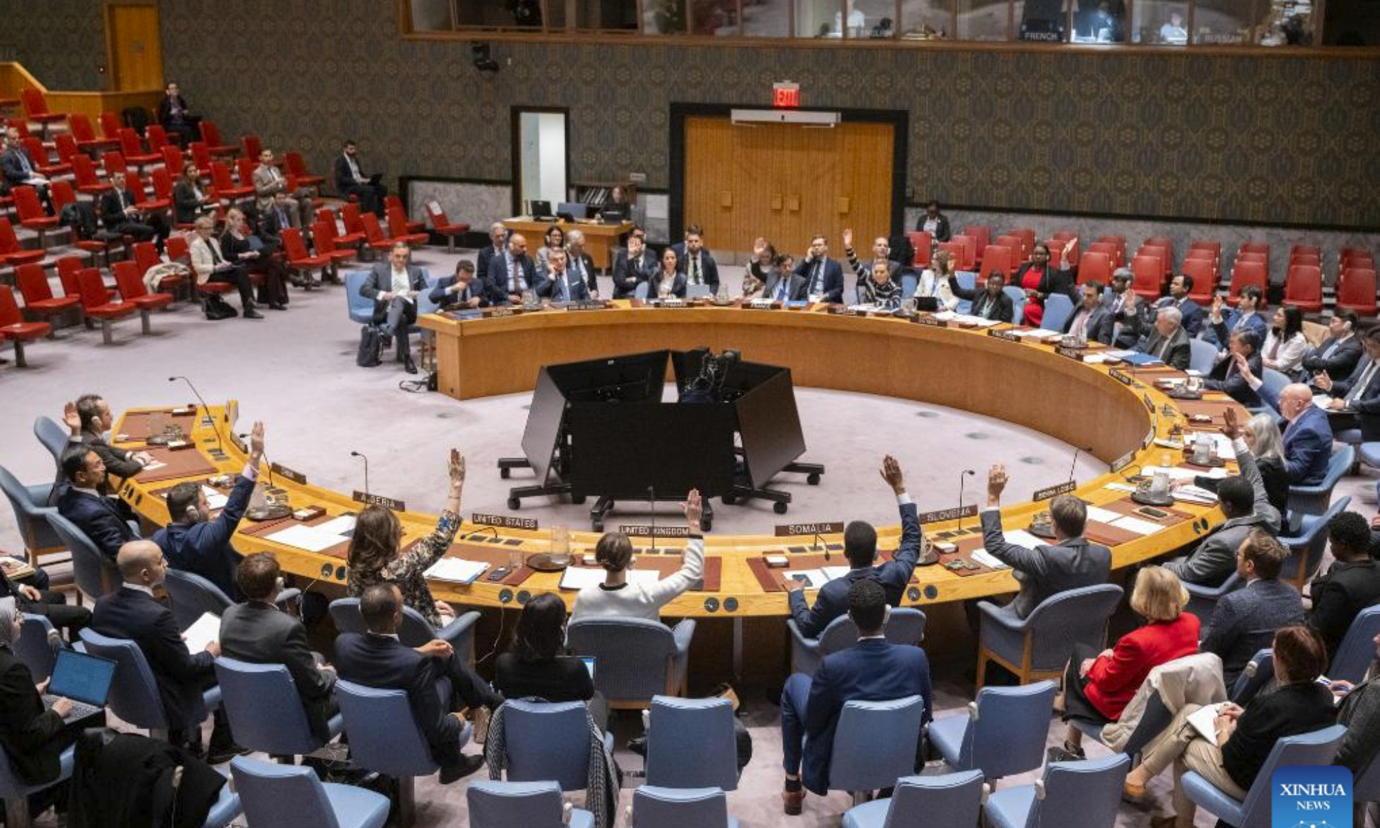 Representatives vote on a draft resolution during a Security Council meeting at the UN headquarters in New York, Oct. 31, 2025. The UN Security Council on Friday renewed the authorization of an EU-led stabilization force in Bosnia and Herzegovina for another 12 months. (Manuel Elias/UN Photo/Handout via Xinhua)