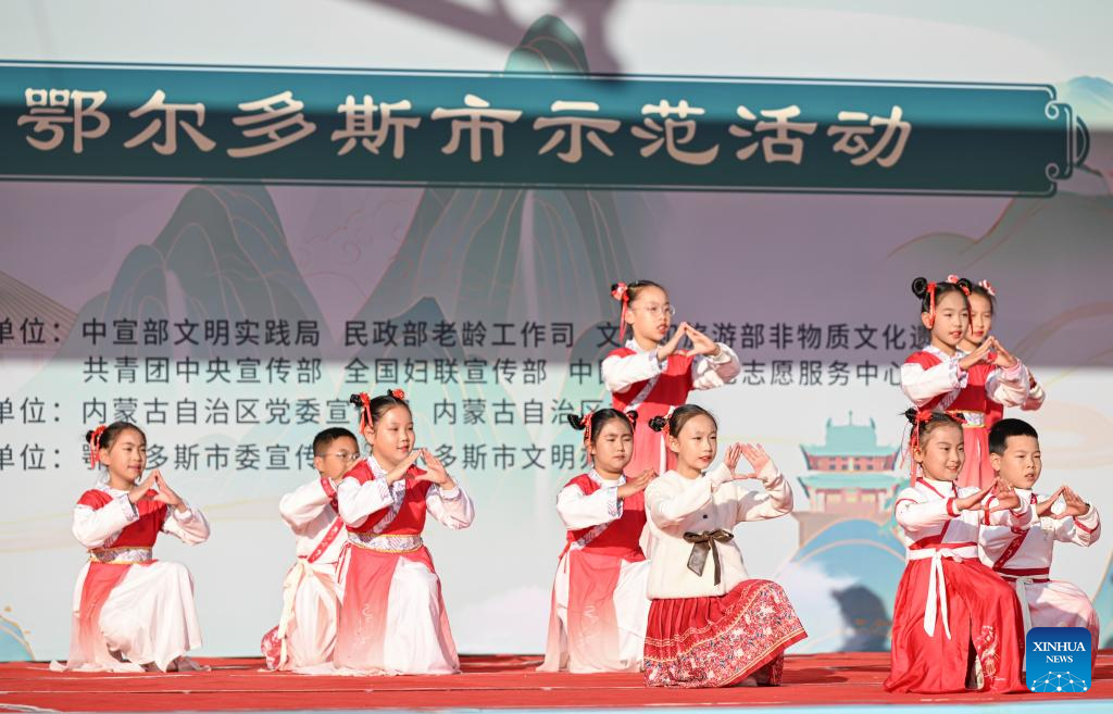 Children perform during an event to mark the Chongyang Festival in Erdos, north China's Inner Mongolia Autonomous Region, Oct. 29, 2025. The Double Ninth Festival, also known as the Chongyang Festival, celebrated on the ninth day of the ninth lunar month, falls on Wednesday this year. It is an occasion to care for and send blessings to older people in China. (Xinhua/Bei He)
