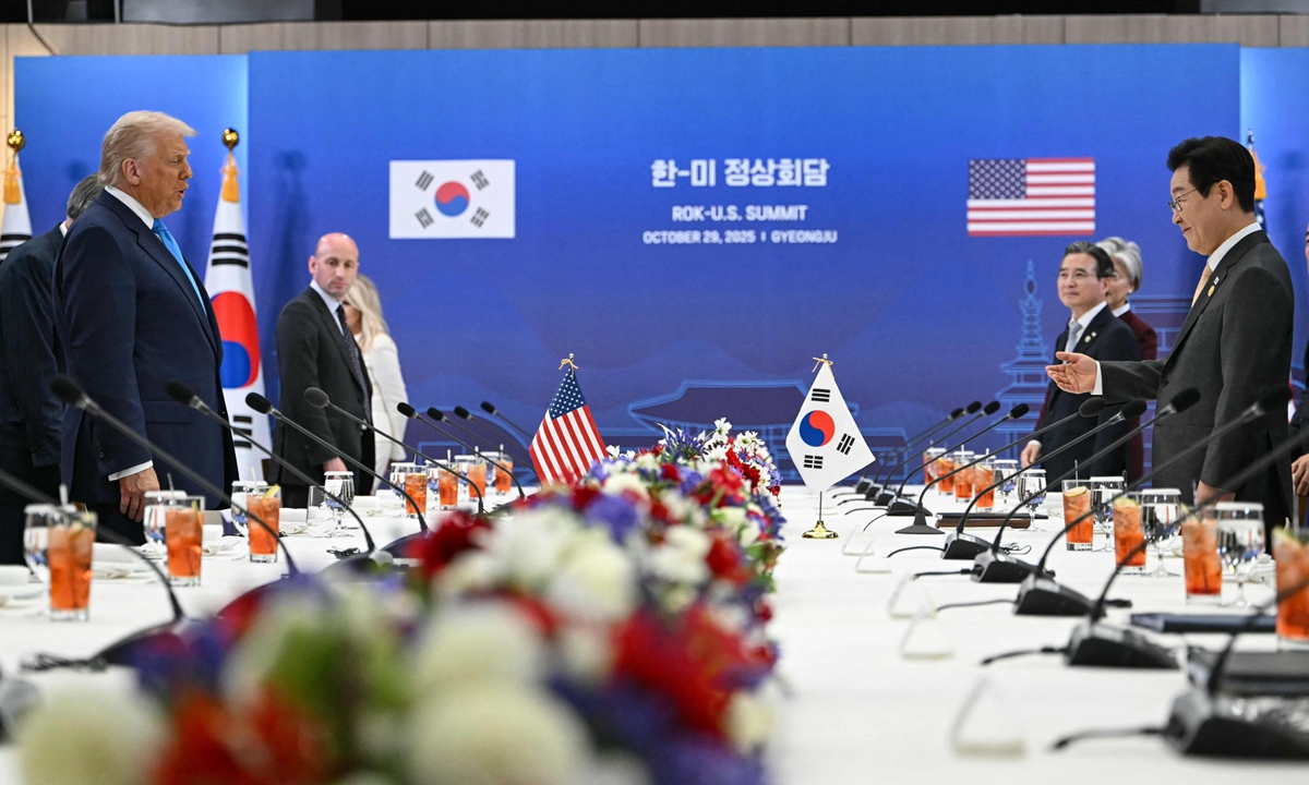 US President Donald Trump and South Korean President Lee Jae-myung attend a bilateral meeting at the Gyeongju National Museum in Gyeongju on October 29, 2025. Photo: VCG