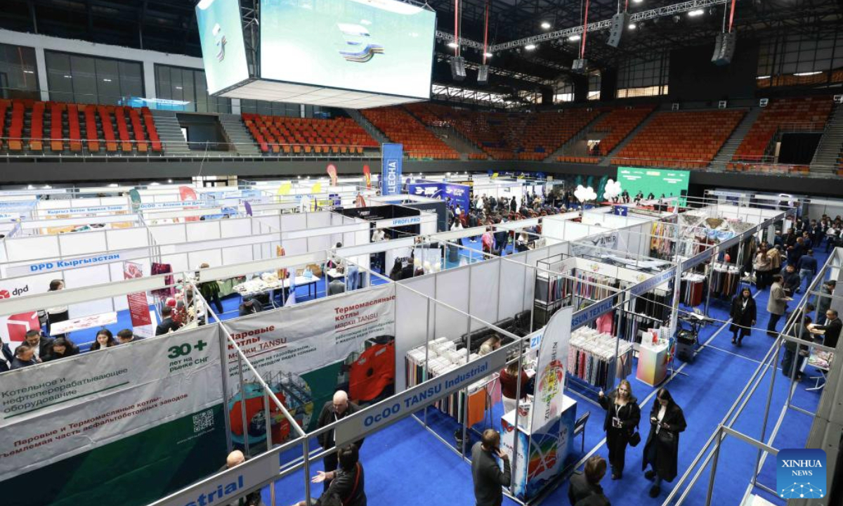 This photo taken on Nov. 13, 2025 shows the international exhibition Kyrgyzstan Expo 2025 held in Bishkek, Kyrgyzstan, Nov. 13, 2025. (Photo by Roman/Xinhua)