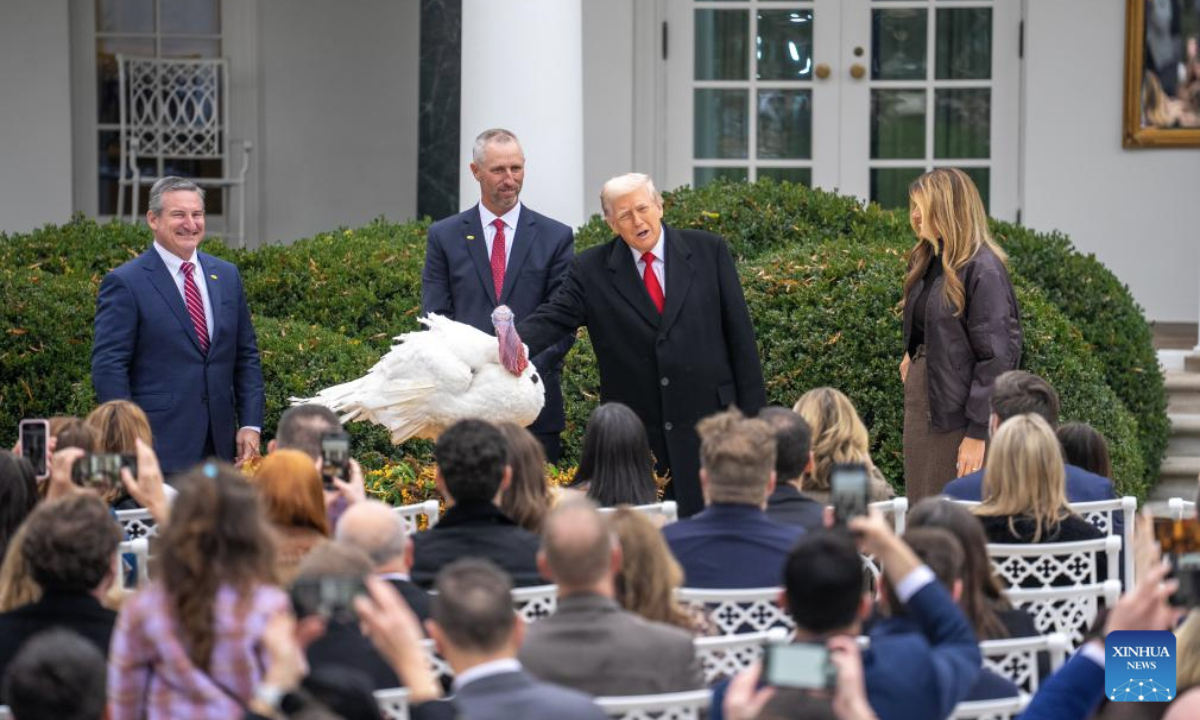 U.S. President Donald Trump (2nd R) attends the National Thanksgiving Turkey Pardoning Ceremony at the White House in Washington, D.C., the United States, Nov. 25, 2025. (Xinhua/Hu Yousong)