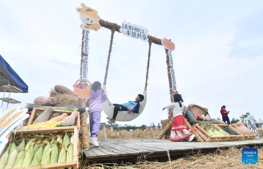 Children play by a field in Silang Village of Liuzhou, south China's Guangxi Zhuang Autonomous Region, Nov. 1, 2025. (Photo: Xinhua)